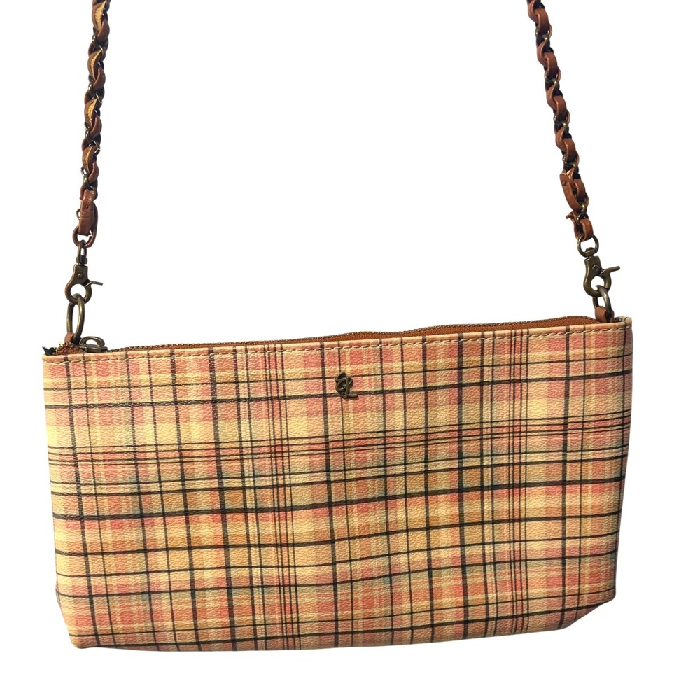 Elliott Lucca Pink Tan Plaid Crossbody Bag Braided Chain Strap Clutch